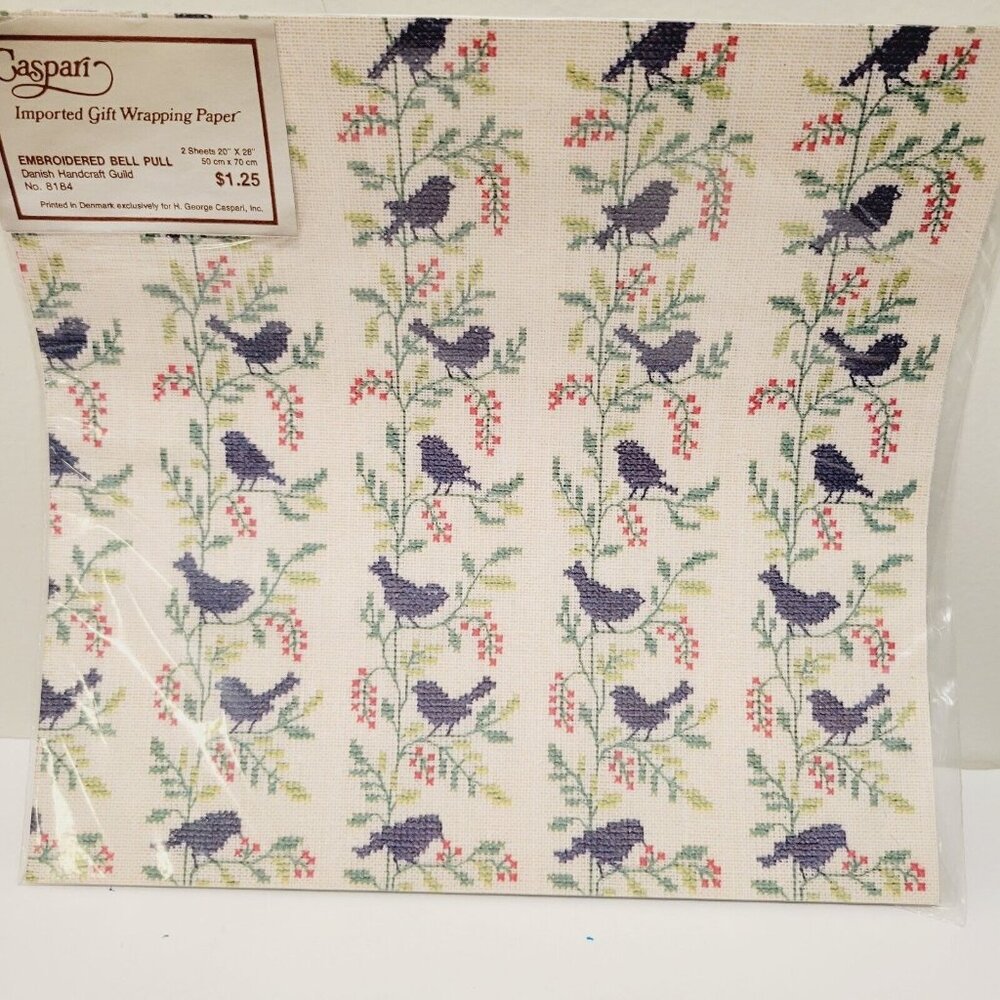 Vtg Embroidered Bell Pull Blue Bird Danish Floral Themed Gift Wrapping Paper